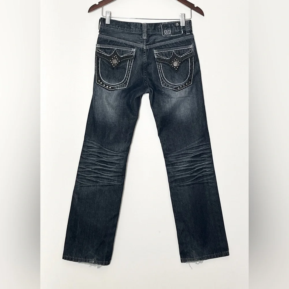 Pepe Jeans Boys Jeans 14 28x28.5 Dark Wash Denim Leather Trim Studded Distressed